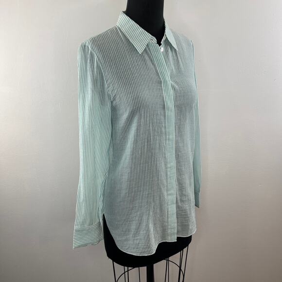 THEORY Green White Straight Shirt Organic Cotton Stripe Button-Up Long Sleeve S - Picture 5 of 11